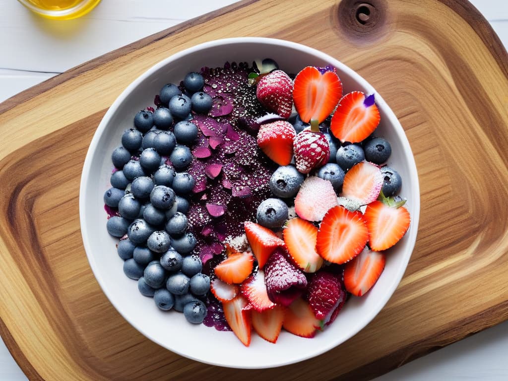  A closeup, ultradetailed image of a vibrant, colorful açai bowl topped with fresh berries, chia seeds, coconut flakes, and a drizzle of honey, all beautifully arranged in a white ceramic bowl on a light wooden table. The textures and colors are incredibly sharp and vivid, showcasing the freshness and healthiness of the detox dessert. hyperrealistic, full body, detailed clothing, highly detailed, cinematic lighting, stunningly beautiful, intricate, sharp focus, f/1. 8, 85mm, (centered image composition), (professionally color graded), ((bright soft diffused light)), volumetric fog, trending on instagram, trending on tumblr, HDR 4K, 8K