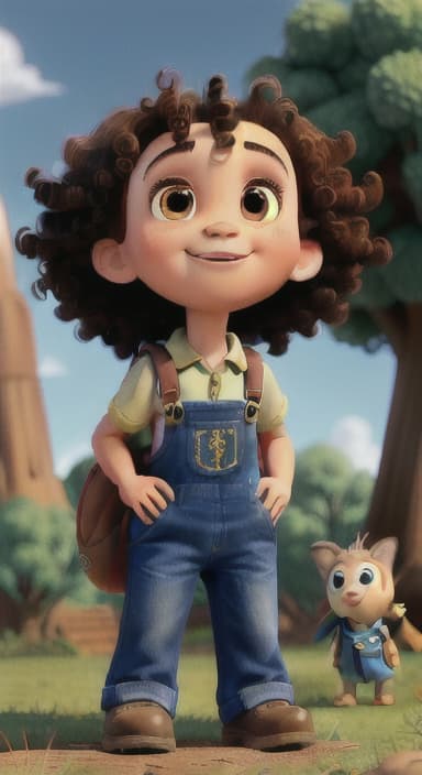  {Riley looking up at the tree with a big smile, animals surrounding them., Riley, a curious with big brown eyes and curly hair, wearing overalls and carrying a small backpack. Their friend, Skye, a bluebird with shiny feathers.