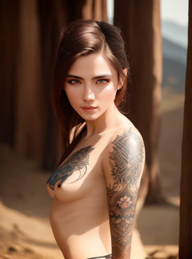  (real person), tattoos, best quality, high resolution, highly detailed, detailed background, perfect lighting, lens flare, fantasy, nature, 1girl,(mountain:1.2), detailed face, perfect face, detailed face, beautiful eyes, pretty face, (bright skin:1.3), clothes, lookbook model, openwork and, real face, real body, realism, big, big