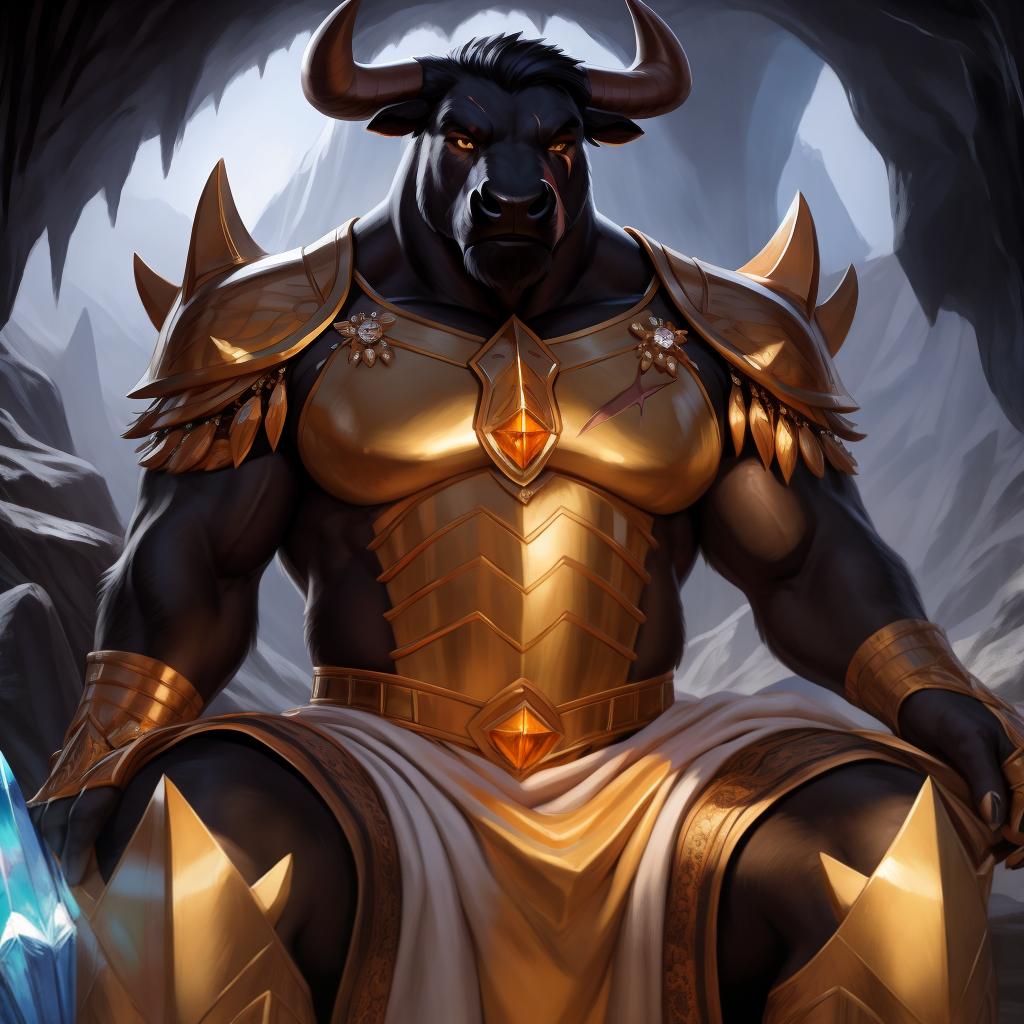  By chunie, by Meesh, 3d, portrait, full view, full body, detailed eyes, glowing eyes:2, sharp detail, masterpiece, amber horns:2, photorealistic:2, solo, anthro, male, black bull, scar on face, large muzzle, a black bull sitting on a huge crystal throne:2, large cave, mouth closed, angry face:2, serious face:2, rage, enraged:2, ultra detailed glowing crystals, wear ultra detailed sparkling crystal armor:2(amber crystals), sfw, thick body:2, muscular body:2, large body:2, stare at the camera, open eyes, digital art, masterpiece, 4k, fine details,