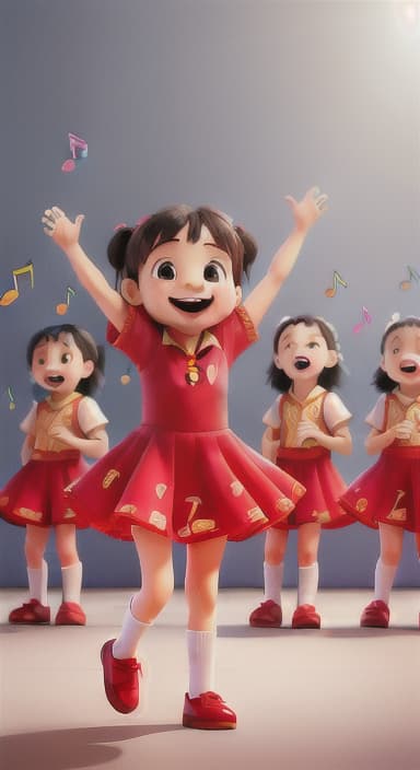  {Children singing and dancing with wide smiles and musical notes floating around them., Kids joyfully dancing and singing, showing their energy and happiness.