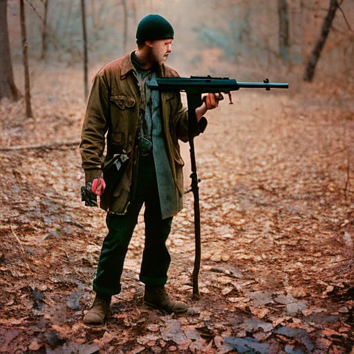 analog style A man in plain clothes holding a rifle, covered in blood, standing among dead robots in the middle of a woodland.