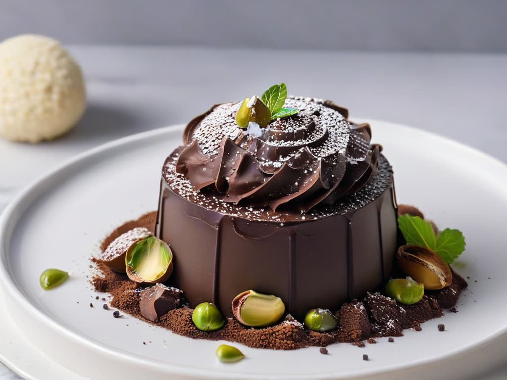  A closeup, ultradetailed image of a single homemade healthy truffle set on a sleek, modern marble surface. The truffle is perfectly round, coated in rich dark chocolate, and elegantly garnished with a sprinkle of crushed pistachios and a single raspberry on top. The lighting is soft, highlighting the glossy sheen of the chocolate and the vibrant colors of the toppings, creating a luxurious and enticing visual for the readers. hyperrealistic, full body, detailed clothing, highly detailed, cinematic lighting, stunningly beautiful, intricate, sharp focus, f/1. 8, 85mm, (centered image composition), (professionally color graded), ((bright soft diffused light)), volumetric fog, trending on instagram, trending on tumblr, HDR 4K, 8K