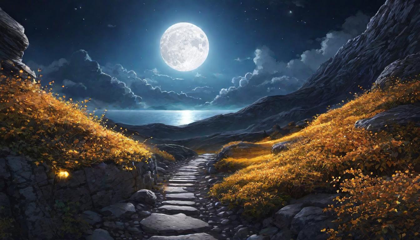  digital illustration, A path lit by glowing stones leading towards a horizon where the sun meets the moon, guiding light, legacy for future, illuminated journey, looking at viewer, dynamic pose, (intricate details, masterpiece, best quality)