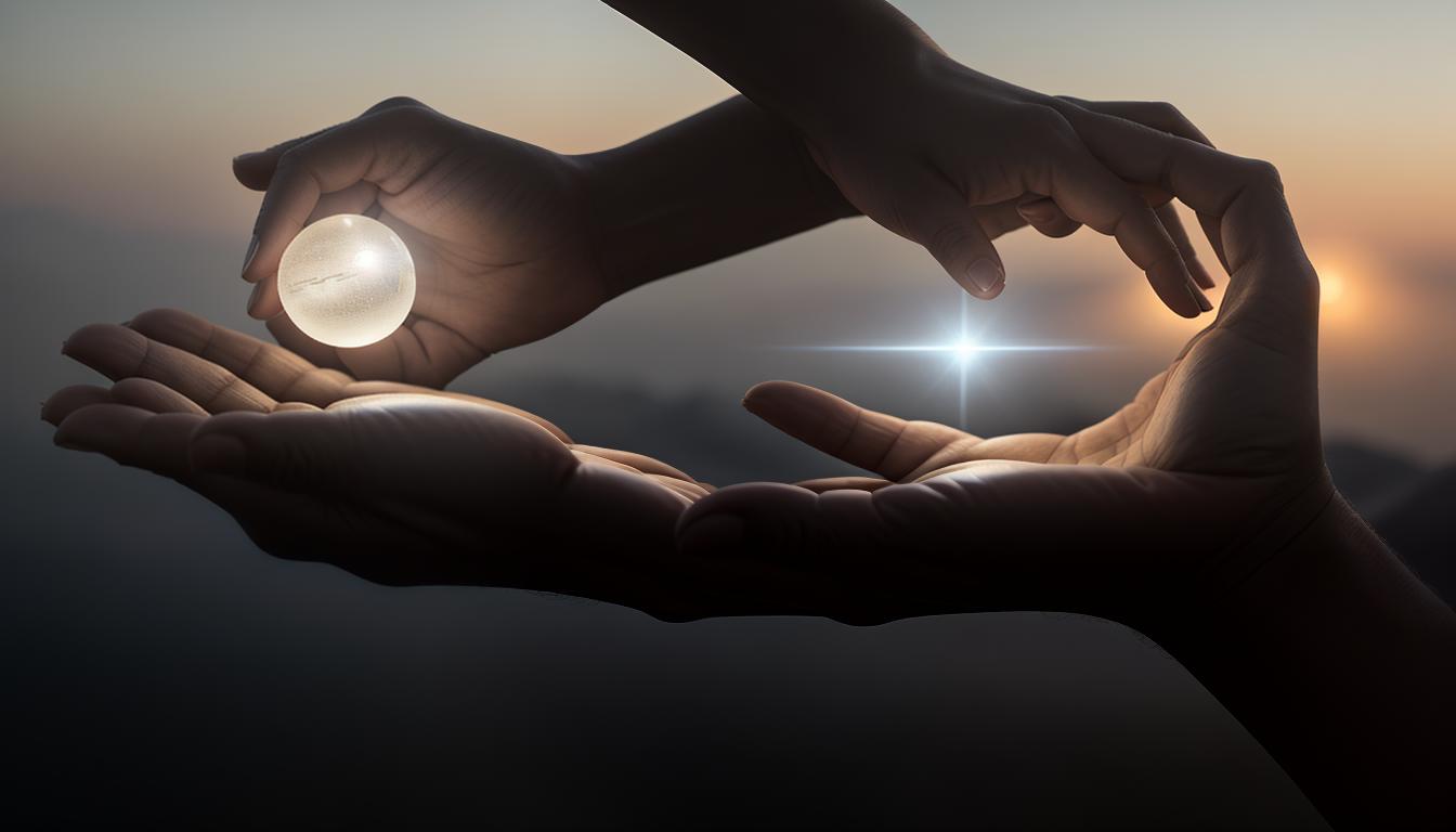  cinematic, aesthetic, Open hands reaching towards a distant, glowing orb, hands detailed with delicate skin texture, orb radiant, shrouded in mist, hands expressing longing, hope, vulnerability, 4k, HDR, lens flare