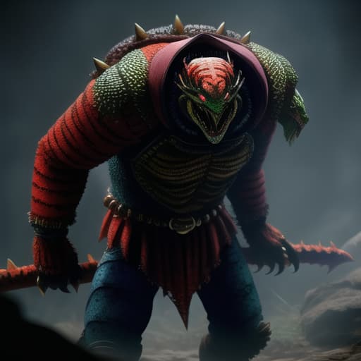  full body, fusion Freddy Krueger and a Reptile, malicious smile, bloody, gore, horror theme, nightmare, masterpiece, scale like skin, full body, lizard forked tongue, weapon shown, , (masterpiece, best quality:1.5), HDR 4K, 8K