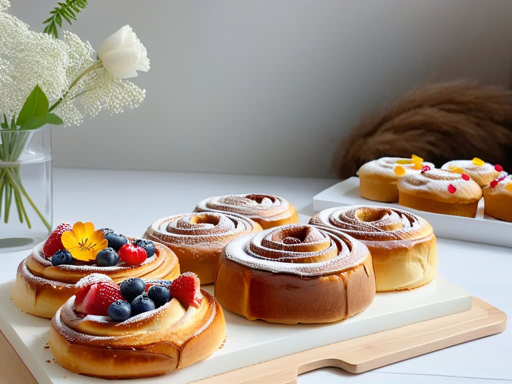  A photorealistic image of a beautifully decorated Scandinavian dessert table, featuring an array of traditional pastries like cinnamon buns, cardamom rolls, and almond cakes displayed on elegant Nordicstyle serving platters. The table is adorned with fresh berries, edible flowers, and delicate icing details, all set against a backdrop of minimalist Scandinavian design elements like sleek wooden accents and soft, neutral colors. The lighting is soft and natural, casting a warm glow over the delectable treats, creating an inviting and visually stunning scene that perfectly captures the essence of the Scandinavian pastry renaissance. hyperrealistic, full body, detailed clothing, highly detailed, cinematic lighting, stunningly beautiful, intricate, sharp focus, f/1. 8, 85mm, (centered image composition), (professionally color graded), ((bright soft diffused light)), volumetric fog, trending on instagram, trending on tumblr, HDR 4K, 8K