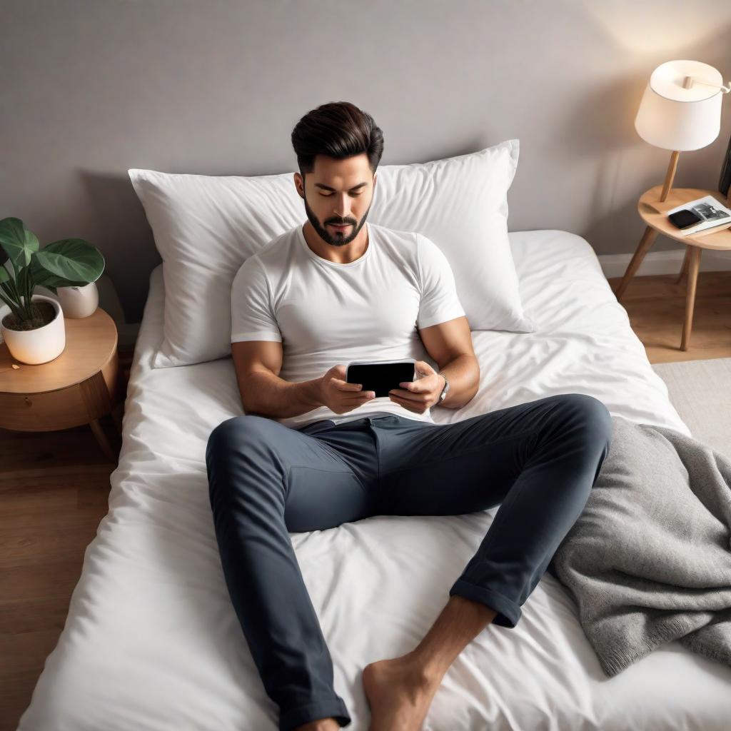  Transform the photo into a cartoon-style illustration. Depict a young person lying on their stomach in a bedroom setting, with pillows and a bed. They are holding a smartphone and seem to be engaged with the content on the screen. Ensure the cartoon retains the comfortable and relaxed atmosphere of the original scene. hyperrealistic, full body, detailed clothing, highly detailed, cinematic lighting, stunningly beautiful, intricate, sharp focus, f/1. 8, 85mm, (centered image composition), (professionally color graded), ((bright soft diffused light)), volumetric fog, trending on instagram, trending on tumblr, HDR 4K, 8K