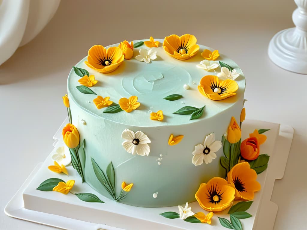  A closeup, ultradetailed image of a delicate fondant cake adorned with intricate handpainted edible flowers in soft pastel hues, showcasing the precise brushstrokes and fine details of the edible artistry. hyperrealistic, full body, detailed clothing, highly detailed, cinematic lighting, stunningly beautiful, intricate, sharp focus, f/1. 8, 85mm, (centered image composition), (professionally color graded), ((bright soft diffused light)), volumetric fog, trending on instagram, trending on tumblr, HDR 4K, 8K