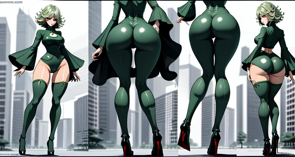  tatsumaki legs, view from behind, huge ass, walking pose, bare legs, cityscape, ultra detailed hd image, toned curvy legs