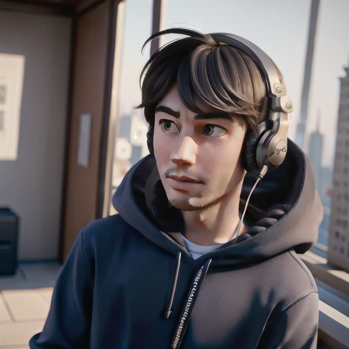  masterpiece, best quality, realistic, male, , first person perspective,(annoyance:0.6), short hair, traditional wired headphones listen to MP3, city, steam wave, master works, best picture quality, higher quality, ultra high resolution, 8k resolution, perfect face, Miyazaki style, side lying, gray hoodie