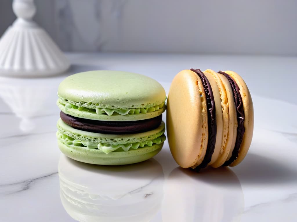  A closeup, ultradetailed image of a perfectly baked, pastelcolored macaron with a smooth, glossy shell, delicate feet, and a luscious ganache filling. The macaron is placed on a pristine white marble surface, capturing every intricate detail of its texture and color variation. The image exudes elegance and precision, showcasing the artistry and craftsmanship involved in creating these exquisite French delicacies. hyperrealistic, full body, detailed clothing, highly detailed, cinematic lighting, stunningly beautiful, intricate, sharp focus, f/1. 8, 85mm, (centered image composition), (professionally color graded), ((bright soft diffused light)), volumetric fog, trending on instagram, trending on tumblr, HDR 4K, 8K