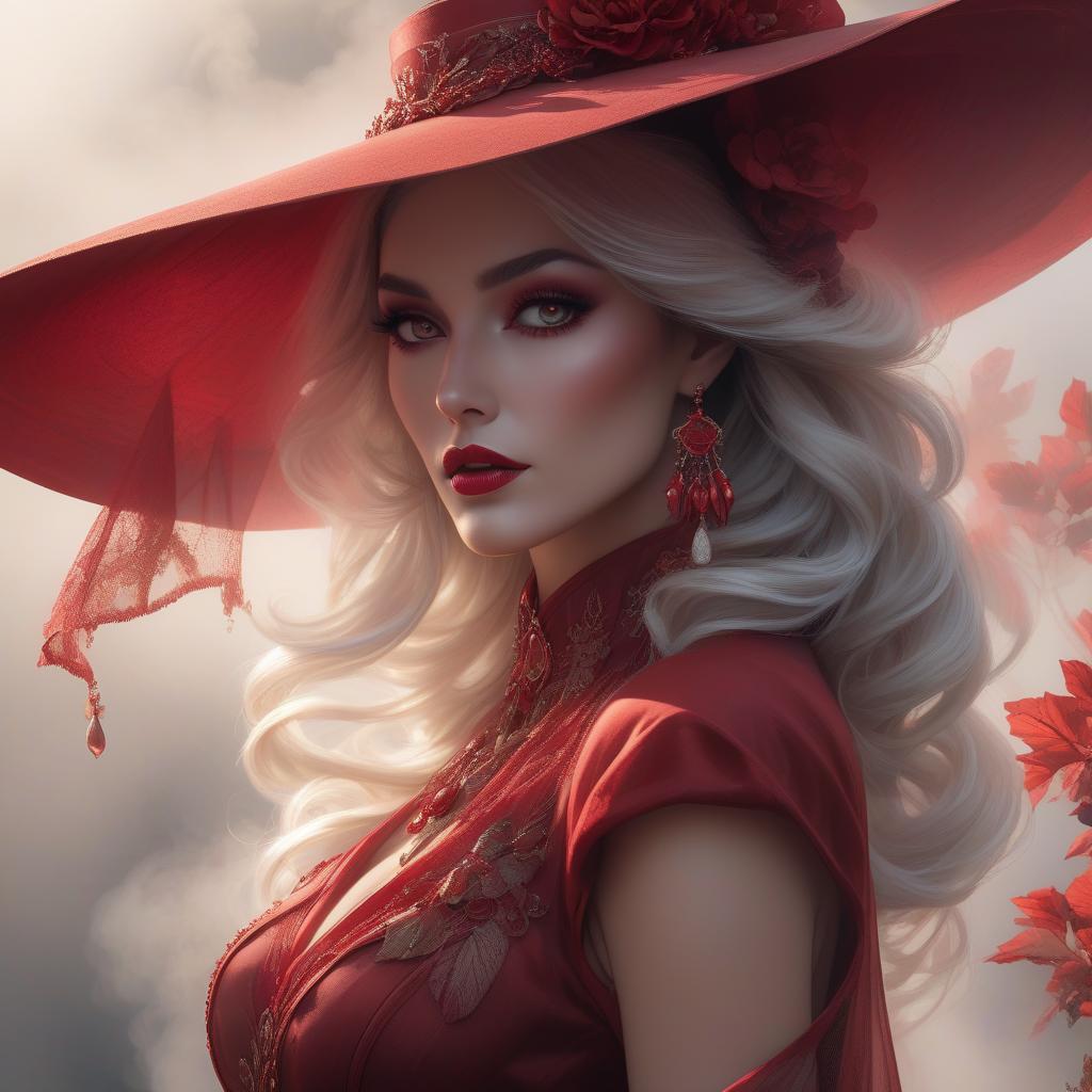  The complete form of a lady, adorned in a stunning wide brimmed red hat, graced with a veil amidst smoke and fog. Her flawless countenance, featuring intricately detailed eyes with a captivating gaze, stands against a backdrop of deep red. Edge lighting enhances the scene, contributing to a digital illustration that showcases perfect anatomy. The composition is centered, approaching perfection with a dynamic and highly detailed presentation. This artwork, part of Karen Griffiths' collection on ArtStation, is characterized by its smooth execution, clear focus, and illustrative brilliance. hyperrealistic, full body, detailed clothing, highly detailed, cinematic lighting, stunningly beautiful, intricate, sharp focus, f/1. 8, 85mm, (centered image composition), (professionally color graded), ((bright soft diffused light)), volumetric fog, trending on instagram, trending on tumblr, HDR 4K, 8K