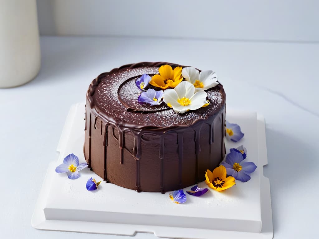  A closeup, ultradetailed image of a perfectly frosted vegan and organic chocolate cake, decorated with delicate edible flowers on top. The cake sits on a sleek, modern white marble cake stand, with soft natural light gently illuminating its glossy surface. Each flower petal and swirl of frosting is so intricately detailed that every texture and color variation is crystal clear, showcasing the artistry and craftsmanship of plantbased baking. hyperrealistic, full body, detailed clothing, highly detailed, cinematic lighting, stunningly beautiful, intricate, sharp focus, f/1. 8, 85mm, (centered image composition), (professionally color graded), ((bright soft diffused light)), volumetric fog, trending on instagram, trending on tumblr, HDR 4K, 8K