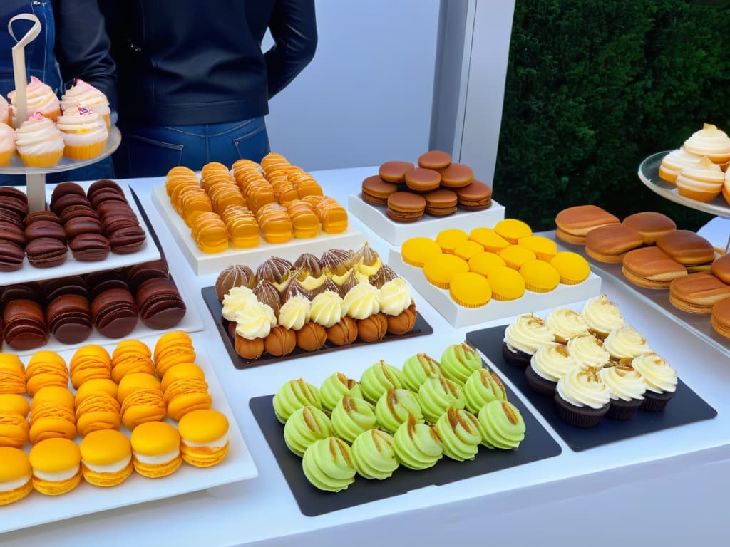  A minimalistic image of a beautifully decorated pastry display at a local fair, showcasing an array of colorful and intricately designed pastries such as macarons, cupcakes, and tarts. The pastries are elegantly presented on sleek white platters against a simple, clean backdrop, emphasizing the artistry and attention to detail in the pastry creations. The image exudes sophistication and professionalism, capturing the essence of standing out at local fairs and events with exquisite pastries. hyperrealistic, full body, detailed clothing, highly detailed, cinematic lighting, stunningly beautiful, intricate, sharp focus, f/1. 8, 85mm, (centered image composition), (professionally color graded), ((bright soft diffused light)), volumetric fog, trending on instagram, trending on tumblr, HDR 4K, 8K