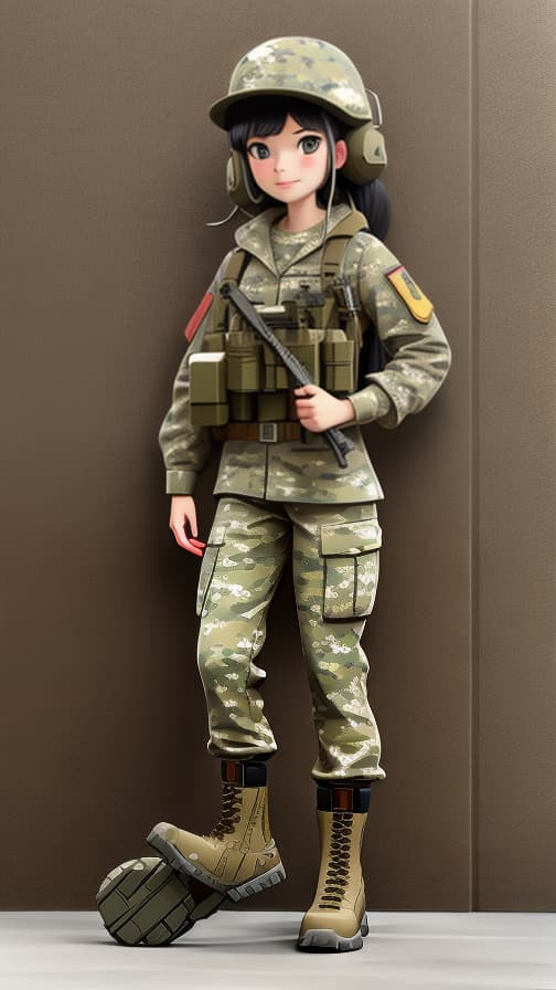  Full body three-headed U.S. soldier fully equipped camouflage clothing, machine gun, combat helicopter, girl, cute.