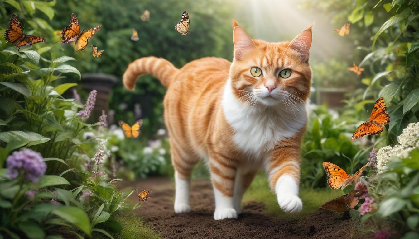  The ginger cat jumps in the garden after butterflies. hyperrealistic, full body, detailed clothing, highly detailed, cinematic lighting, stunningly beautiful, intricate, sharp focus, f/1. 8, 85mm, (centered image composition), (professionally color graded), ((bright soft diffused light)), volumetric fog, trending on instagram, trending on tumblr, HDR 4K, 8K