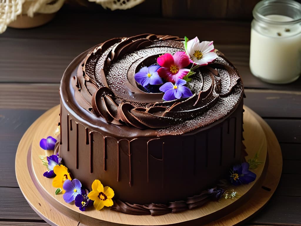  An intricately detailed closeup image of a decadent glutenfree chocolate cake with layers of rich ganache, adorned with fresh berries and delicate edible flowers, set on a rustic wooden table. The cake is flawlessly frosted, showcasing smooth swirls and intricate piping work, while the vibrant colors of the toppings pop against the dark chocolate backdrop. Light gently filters through a nearby window, casting a soft glow on the dessert, enhancing its photorealistic appeal and making it a visually enticing centerpiece for any glutenfree pastry lover. hyperrealistic, full body, detailed clothing, highly detailed, cinematic lighting, stunningly beautiful, intricate, sharp focus, f/1. 8, 85mm, (centered image composition), (professionally color graded), ((bright soft diffused light)), volumetric fog, trending on instagram, trending on tumblr, HDR 4K, 8K