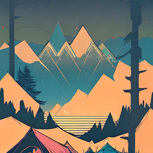 nvinkpunk Whimsical mountains with trees, camping tent and fire