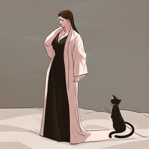  woman wearing a robe without anything else against cat