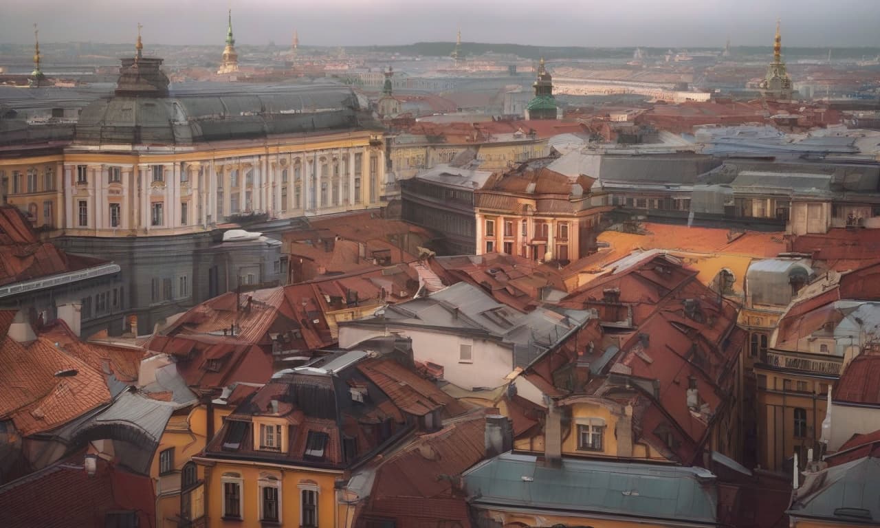  The roofs of Saint Petersburg in gentle shades. hyperrealistic, full body, detailed clothing, highly detailed, cinematic lighting, stunningly beautiful, intricate, sharp focus, f/1. 8, 85mm, (centered image composition), (professionally color graded), ((bright soft diffused light)), volumetric fog, trending on instagram, trending on tumblr, HDR 4K, 8K