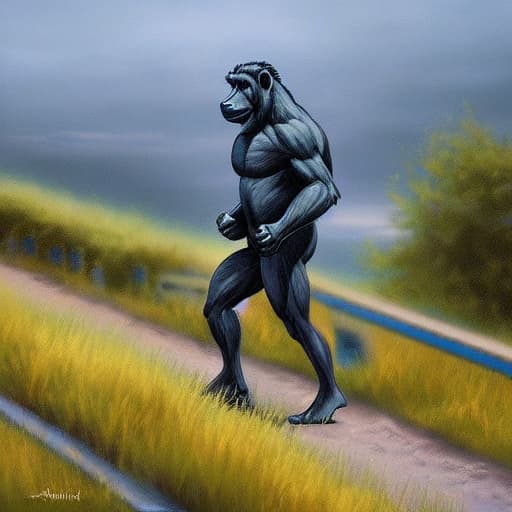  A blue gorilla running across a train track at night hyperrealistic, full body, detailed clothing, highly detailed, cinematic lighting, stunningly beautiful, intricate, sharp focus, f/1. 8, 85mm, (centered image composition), (professionally color graded), ((bright soft diffused light)), volumetric fog, trending on instagram, trending on tumblr, HDR 4K, 8K