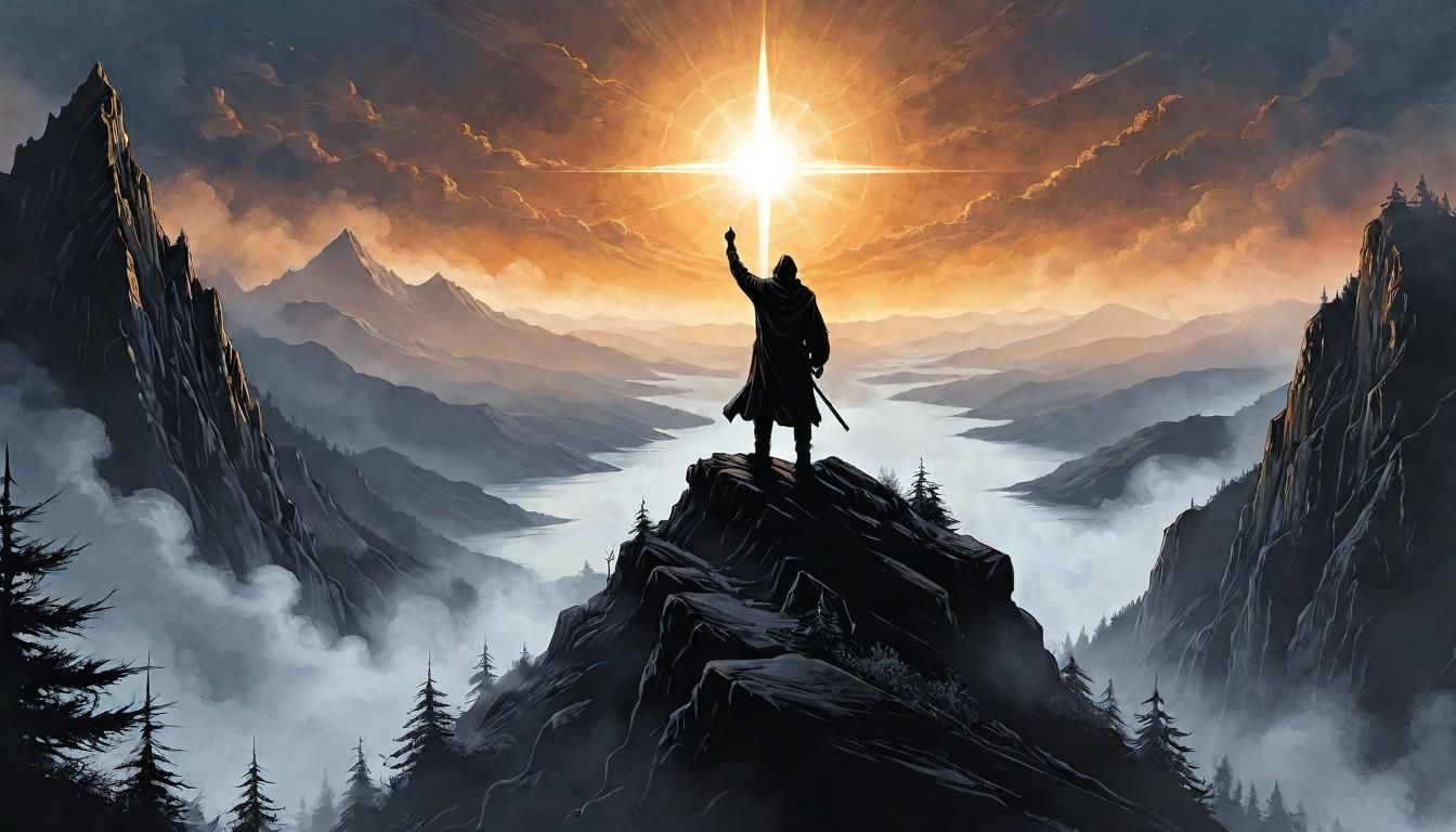  （surrealism)A silhouetted figure on a mountaintop, hands raised, embracing a beacon of light from above, surrounded by swirling mists and rugged terrain, a journey's reflection, spiritual awakening, guidance, transformation, beacon of hope, silhouette against dawn or dusk, ethereal glow, rugged landscape sketched with care mystic, intricate details, best quality)