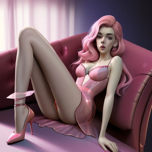  Vanessa Kirby lying at her side on the couch wearing transparant evening pink and blue mixed coloured silk short dress showing long legs in red high heel shoes,wearing lingerie,one arm on the hip