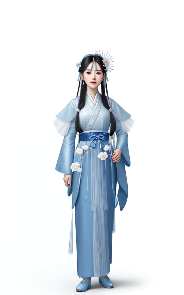  masterpiece, best quality, (Fidelity: 1.4), Best Quality, Masterpiece, Ultra High Resolution, Poster, Fantasy Art, Very Detailed Faces, 8k resolution, Chinese Style, An woman, Side Face, Quiet, Light Blue Hanfu, Tulle Coat, Long Black Hair, Light Blue Fringed Hair Ornament, Hairpin, White Ribbon, White Flower Bush, Light Blue Butterfly Flying, cinematic lighting effects