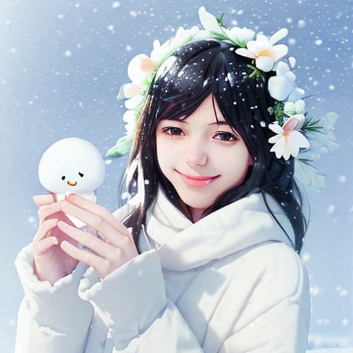  milk. brain. man. flowers. winter. snow. black.. cute smile. Makoto Shinkai style. kawaii.