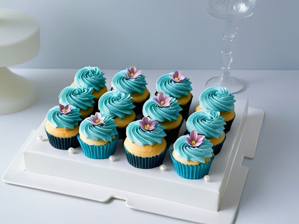  A sleek, minimalistic image featuring an array of colorful and intricately designed cupcakes arranged in a geometric pattern on a simple white platter. Each cupcake is meticulously decorated with delicate frosting swirls, edible pearls, and miniature fondant flowers in vibrant hues of pink, purple, and turquoise, creating a visually stunning and appetizing display that is sure to inspire creativity in baking for special events. hyperrealistic, full body, detailed clothing, highly detailed, cinematic lighting, stunningly beautiful, intricate, sharp focus, f/1. 8, 85mm, (centered image composition), (professionally color graded), ((bright soft diffused light)), volumetric fog, trending on instagram, trending on tumblr, HDR 4K, 8K