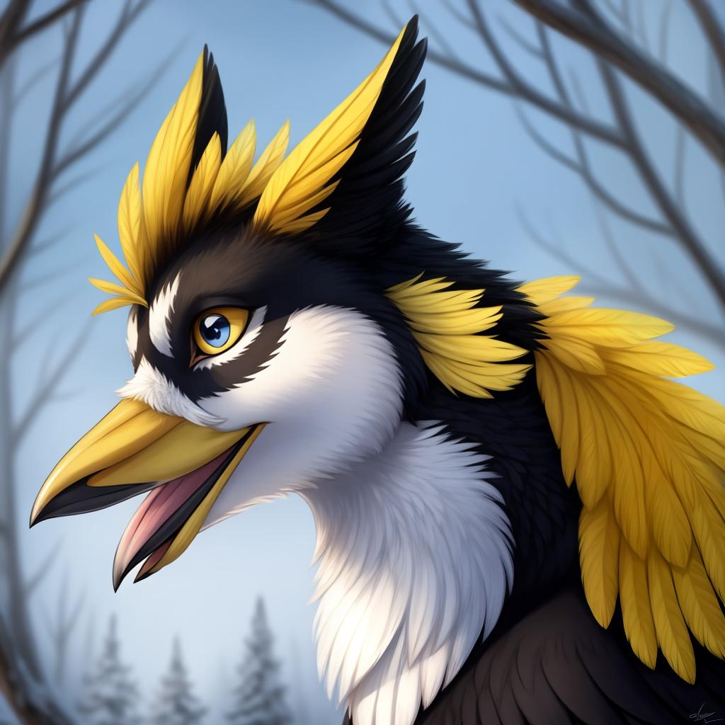  yellow-billed magpie, holarctic magpie, magpie (corvid) , gryphon, yellow beak, yellow undereye circles, open eyes, digital art, masterpiece, 4k, fine details,