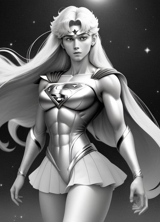  Create a realistic full-body image of Superman with the body frame transformed to Sailor Moon's physique. Ensure that Superman's head remains unaltered, showcasing a seamless blend of these iconic characters. Focus on capturing the strength and elegance of Superman with Sailor Moon's graceful silhouette, emphasizing the contrast between the two characters' styles.