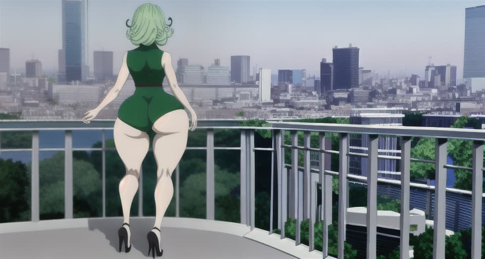  4k, Anime , 4k, ghibli Anime, detailed animation , tatsumaki view from behind, toned curvy legs, huge ass, walking pose, bare legs, heels, city background