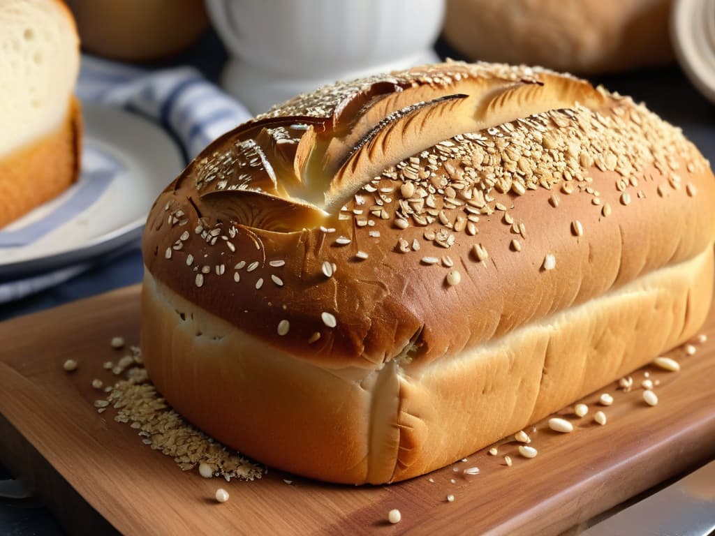  A closeup, ultradetailed image of a freshly baked loaf of bread made from alternative flours like quinoa and chickpea, showcasing its golden crust with sesame seeds sprinkled on top. The bread is sliced halfway through, revealing a soft, airy interior with visible specks of nutritious grains. The photo is taken from a slightly elevated angle, highlighting the texture and rustic appearance of the bread against a simple, neutral background to emphasize the beauty in simplicity and the art of alternative baking. hyperrealistic, full body, detailed clothing, highly detailed, cinematic lighting, stunningly beautiful, intricate, sharp focus, f/1. 8, 85mm, (centered image composition), (professionally color graded), ((bright soft diffused light)), volumetric fog, trending on instagram, trending on tumblr, HDR 4K, 8K