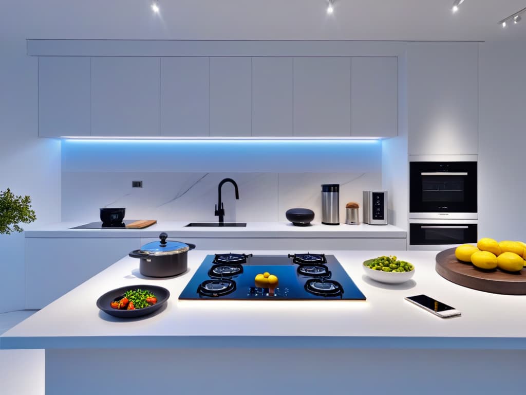  A sleek, minimalistic kitchen with a pristine white marble countertop showcasing a meticulously organized array of hightech kitchen gadgets and smart appliances, including a stateoftheart digital recipe book, a sleek touchscreen meal planner, a smart fridge with inventory tracking capabilities, and a voiceactivated cooking assistant. The overhead lighting casts a soft, warm glow on the futuristic kitchen setup, evoking a sense of efficiency and modernity. hyperrealistic, full body, detailed clothing, highly detailed, cinematic lighting, stunningly beautiful, intricate, sharp focus, f/1. 8, 85mm, (centered image composition), (professionally color graded), ((bright soft diffused light)), volumetric fog, trending on instagram, trending on tumblr, HDR 4K, 8K