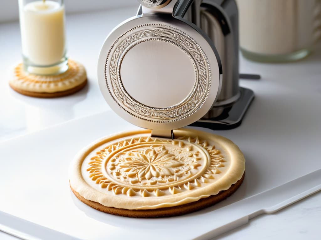  A closeup, ultradetailed image of a sleek, modern cookie press tool with a polished stainless steel finish, showcasing intricate patterns of various cookie designs ready to be pressed onto dough. The tool is elegantly displayed against a simple, pristine white background, emphasizing its precision engineering and the endless creative possibilities it offers for baking uniform and visually stunning cookies. hyperrealistic, full body, detailed clothing, highly detailed, cinematic lighting, stunningly beautiful, intricate, sharp focus, f/1. 8, 85mm, (centered image composition), (professionally color graded), ((bright soft diffused light)), volumetric fog, trending on instagram, trending on tumblr, HDR 4K, 8K