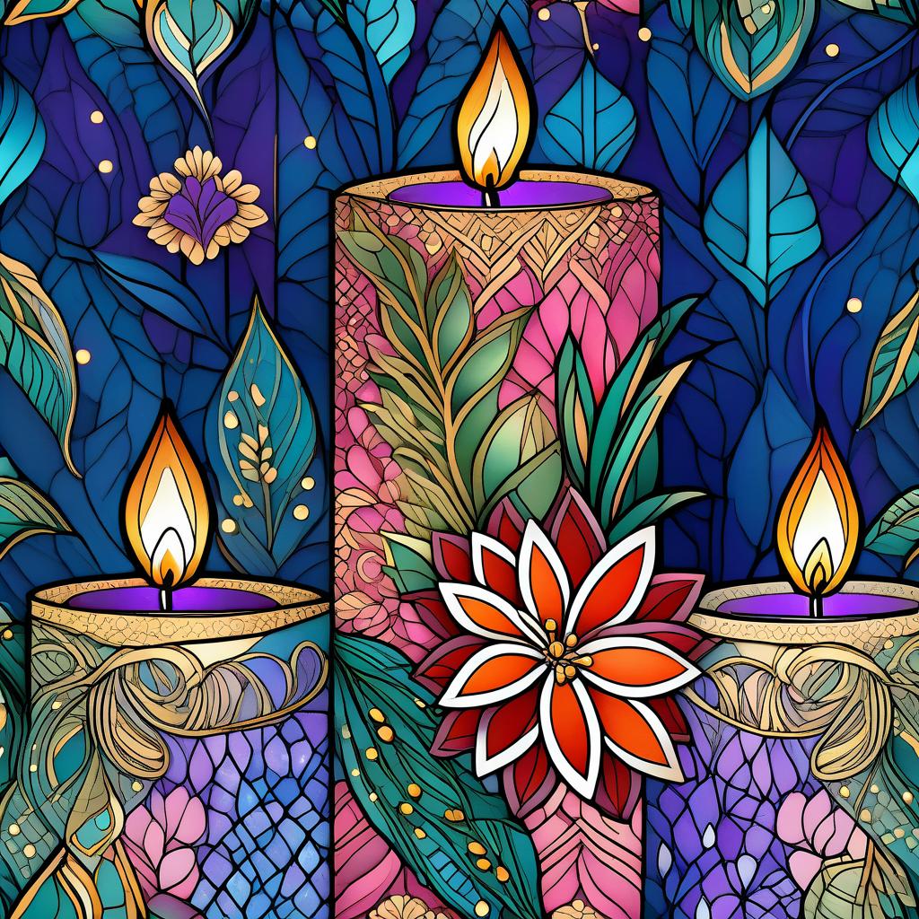  zentangle (Background):Dark blue night sky. In the sky turquoise golden stars and emerald fireworks. There are three candles on the background of the night sky. In the centre one is tall, on the sides wide and lower. (First candle decor)::pink framed with gold patterns and swirls of drops. In the middle of the candle is a flower bud and stem with emerald coloured leaves. Under the flower the candle is tied with a ribbon of blue blue colour. (Second and third candle decor):purple colour, framed with golden drops. In the middle is a purple coloured flower bud and stems with emerald coloured leaves. Zentangle have the signature uneven edge and rounded corners. The original tiles are in the form of geometric shapes: square, triangle, rectangle  hyperrealistic, full body, detailed clothing, highly detailed, cinematic lighting, stunningly beautiful, intricate, sharp focus, f/1. 8, 85mm, (centered image composition), (professionally color graded), ((bright soft diffused light)), volumetric fog, trending on instagram, trending on tumblr, HDR 4K, 8K