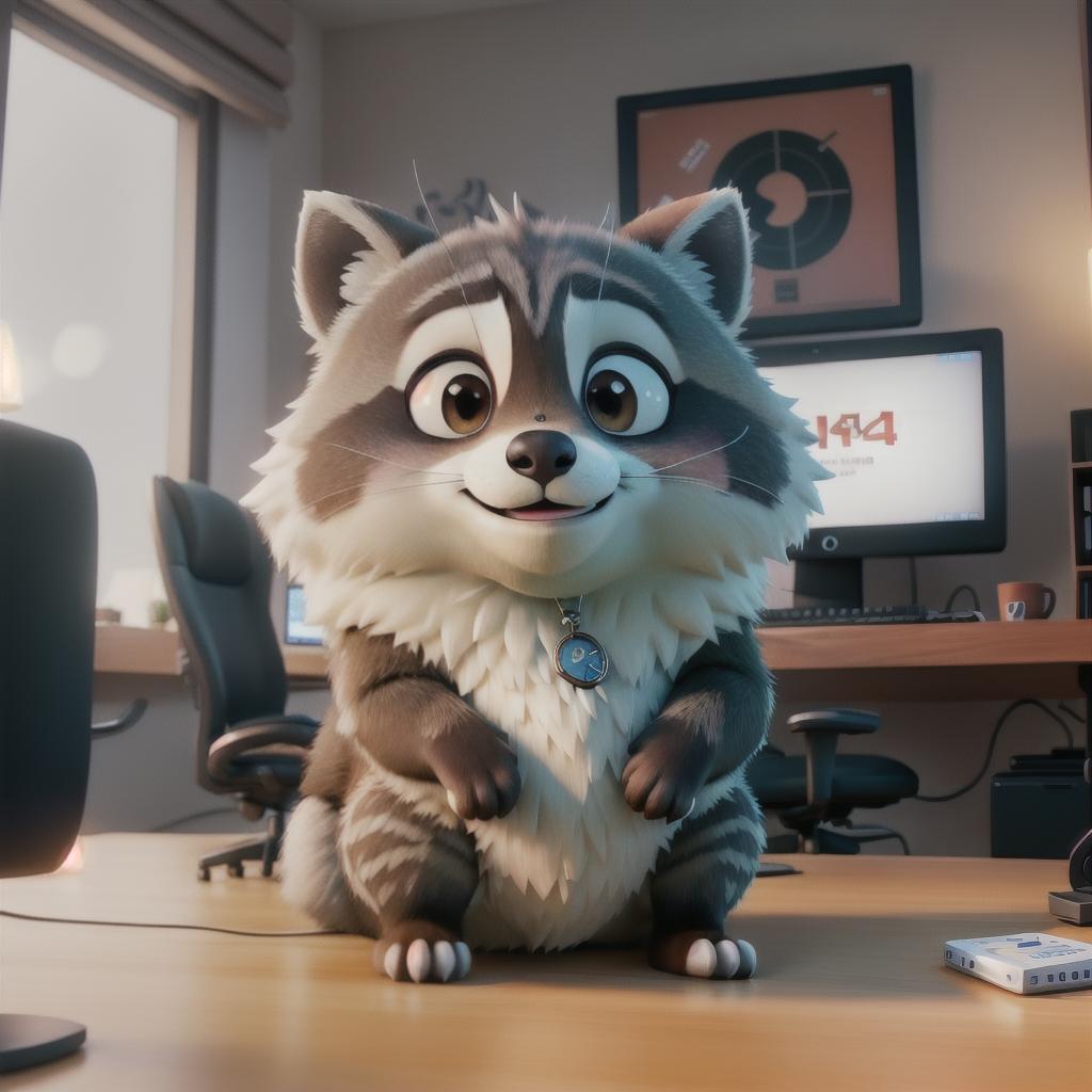  raccoon sitting in gaming chair front a computer on desktop, ((semi anthropomorphic)),(full body), tail, belly, sitting, fat, (chubby), (((white background))), solo, desktop, gaming chair, side view,  [[[clothes]]] hyperrealistic, full body, detailed clothing, highly detailed, cinematic lighting, stunningly beautiful, intricate, sharp focus, f/1. 8, 85mm, (centered image composition), (professionally color graded), ((bright soft diffused light)), volumetric fog, trending on instagram, trending on tumblr, HDR 4K, 8K