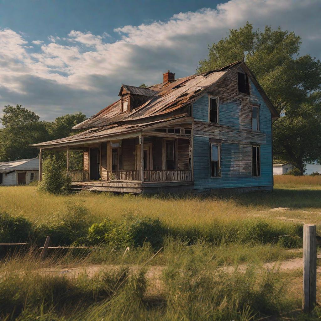  Draw an American-style house that is located in a small town in America. This is a poor man's house, it's all falling apart, the walls are different colors and the roof is shabby hyperrealistic, full body, detailed clothing, highly detailed, cinematic lighting, stunningly beautiful, intricate, sharp focus, f/1. 8, 85mm, (centered image composition), (professionally color graded), ((bright soft diffused light)), volumetric fog, trending on instagram, trending on tumblr, HDR 4K, 8K