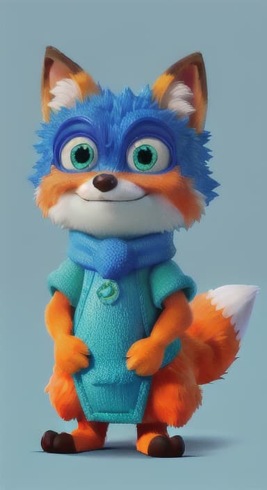  {Error the fox pressing the blue button with his paw, looking puzzled as nothing occurs., Error is a small, bright orange fox with a fluffy tail and big, inquisitive eyes. He has a mischievous yet kind expression and wears a tiny green scarf.