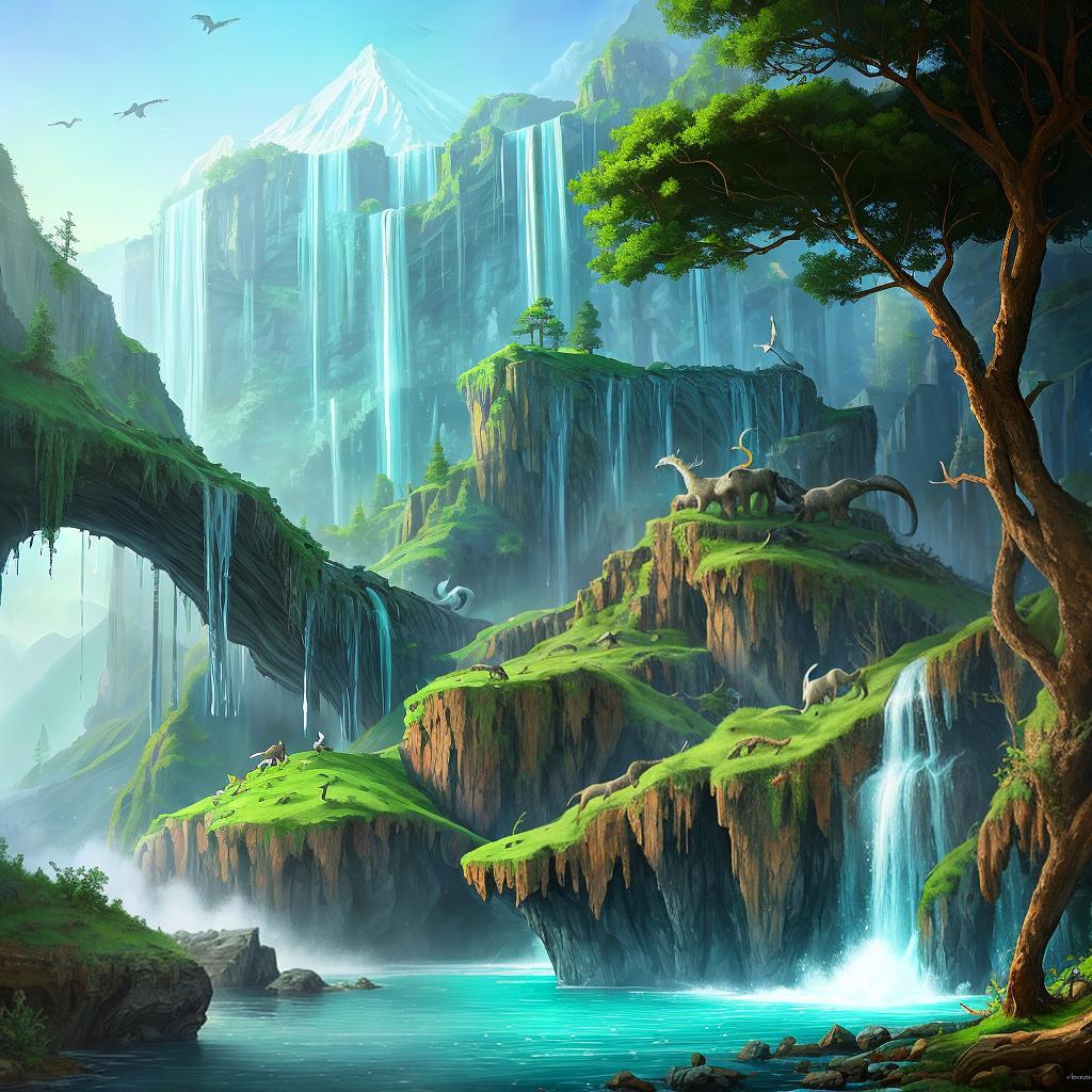  in a fantasy setting, Paint a surreal landscape where mythical beasts roam amidst cascading waterfalls.