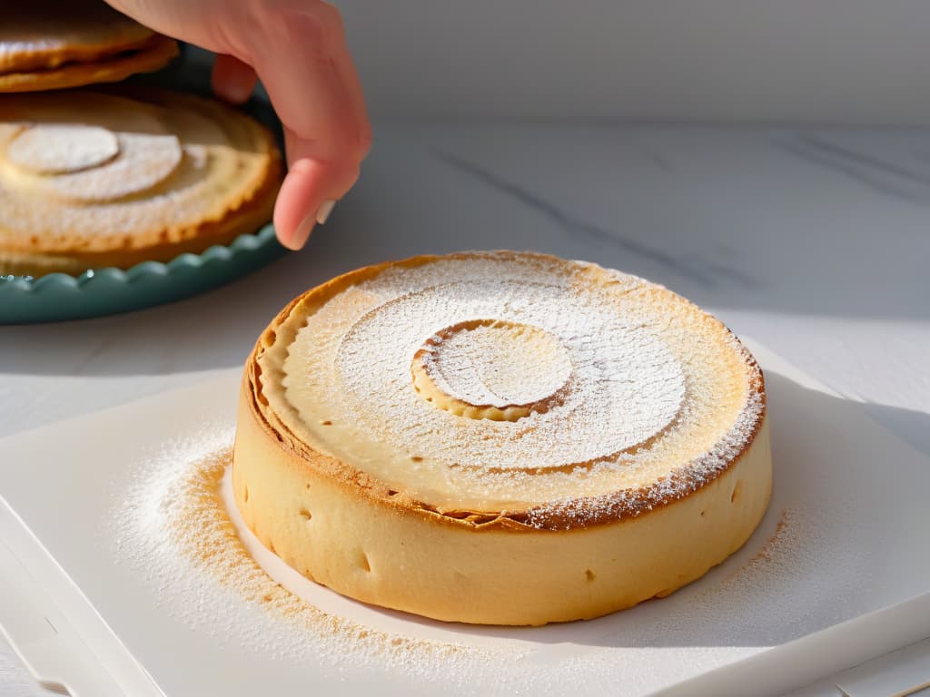  A closeup, ultradetailed image of a hand holding a perfectly baked golden cookie with a slightly crispy edge, adorned with a sprinkle of powdered sugar, resting on a sleek, modern kitchen countertop. The cookie is perfectly round, exuding warmth and freshness, with delicate crinkles on its surface. The countertop is spotless, made of glossy white marble, reflecting soft ambient light that highlights the intricate textures of the cookie. This minimalistic image captures the essence of baking perfection and invites the viewer to strive for flawless results with the help of Augmented Reality. hyperrealistic, full body, detailed clothing, highly detailed, cinematic lighting, stunningly beautiful, intricate, sharp focus, f/1. 8, 85mm, (centered image composition), (professionally color graded), ((bright soft diffused light)), volumetric fog, trending on instagram, trending on tumblr, HDR 4K, 8K