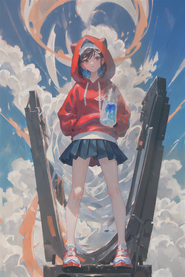  master piece , best quality,Black hair, bobbed hair, high school girl, red hoodie, light blue uniform, soda float, small white bird