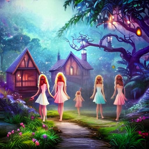  Create a 4K realistic digital art piece capturing the beauty of seven fairies in front of their enchanting houses nestled in the heart of a lush, magical jungle. The fairies should emanate a sense of