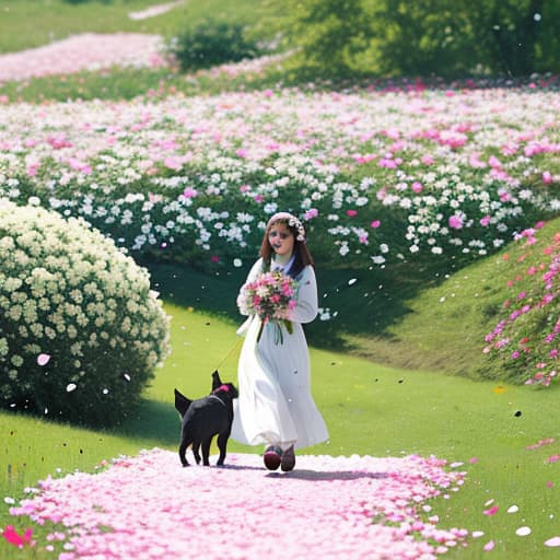  A girl in flowers, holding a dog, strolling through the flowers, petals scattered all the way,