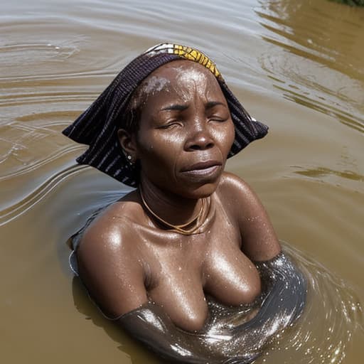  african woman's head drowning in the river the water is up to her nose