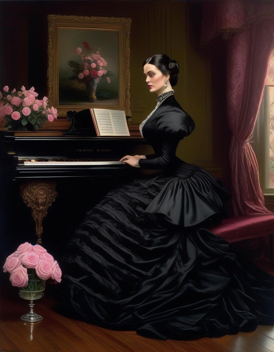  A Victorian beauty in mourning, wearing a black dress, is sitting at the piano. Her right leg is slightly bent and she has a bouquet of roses in her arms. The year is 1870 and there is a vase of pink orchids on the table. hyperrealistic, full body, detailed clothing, highly detailed, cinematic lighting, stunningly beautiful, intricate, sharp focus, f/1. 8, 85mm, (centered image composition), (professionally color graded), ((bright soft diffused light)), volumetric fog, trending on instagram, trending on tumblr, HDR 4K, 8K