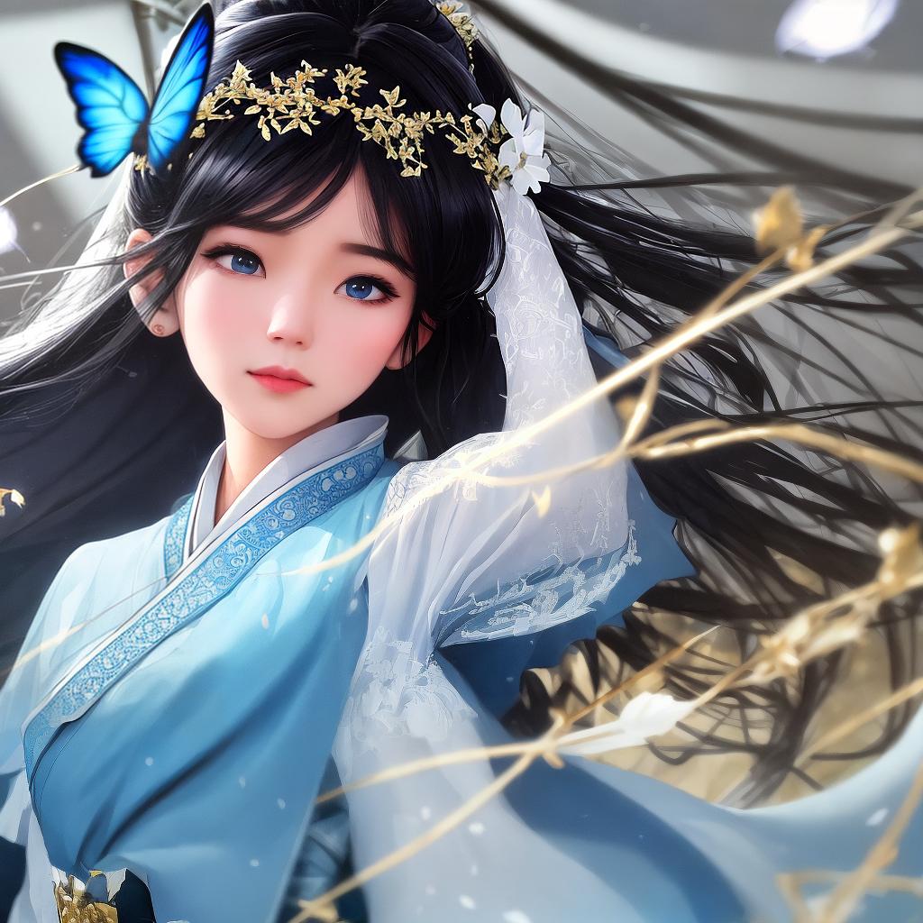  masterpiece, best quality, (Fidelity: 1.4), Best Quality, Masterpiece, Ultra High Resolution, Poster, Fantasy Art, Very Detailed Faces, 8k resolution, Chinese Style, An woman, Side Face, Quiet, Light Blue Hanfu, Tulle Coat, Long Black Hair, Light Blue Fringed Hair Ornament, Hairpin, White Ribbon, White Flower Bush, Light Blue Butterfly Flying, cinematic lighting effects