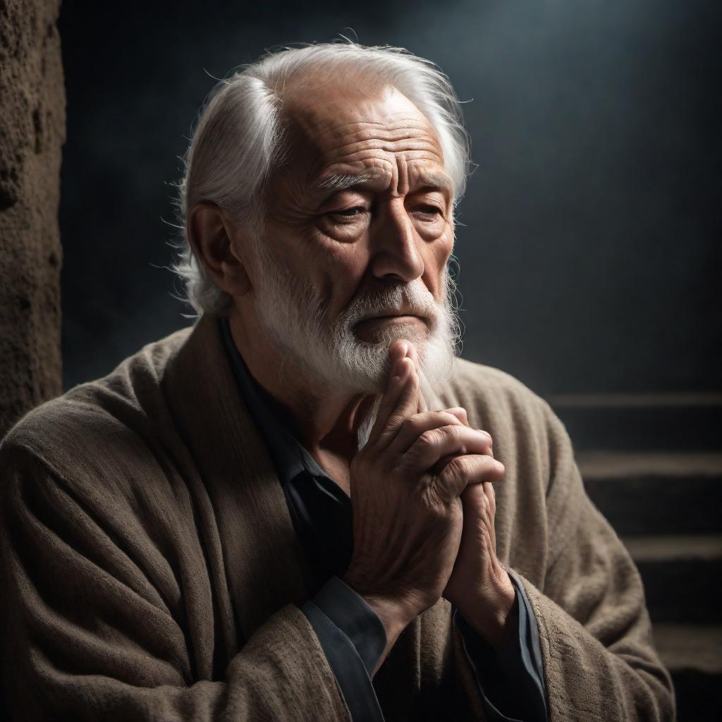  An elderly man with a weathered face stands at the precipice of his life, deep in prayer, seeking forgiveness. His eyes are closed in solemn contemplation, hints of both hope and regret etched in the lines of his face. The image is emotionally charged, symbolizing the man's internal struggle between his past sins and his desire for redemption. The backdrop is a quiet, dimly lit room that adds to the introspective mood, with soft light casting a gentle glow on his features, suggesting a glimmer of hope amidst the darkness of his thoughts. hyperrealistic, full body, detailed clothing, highly detailed, cinematic lighting, stunningly beautiful, intricate, sharp focus, f/1. 8, 85mm, (centered image composition), (professionally color graded), ((bright soft diffused light)), volumetric fog, trending on instagram, trending on tumblr, HDR 4K, 8K